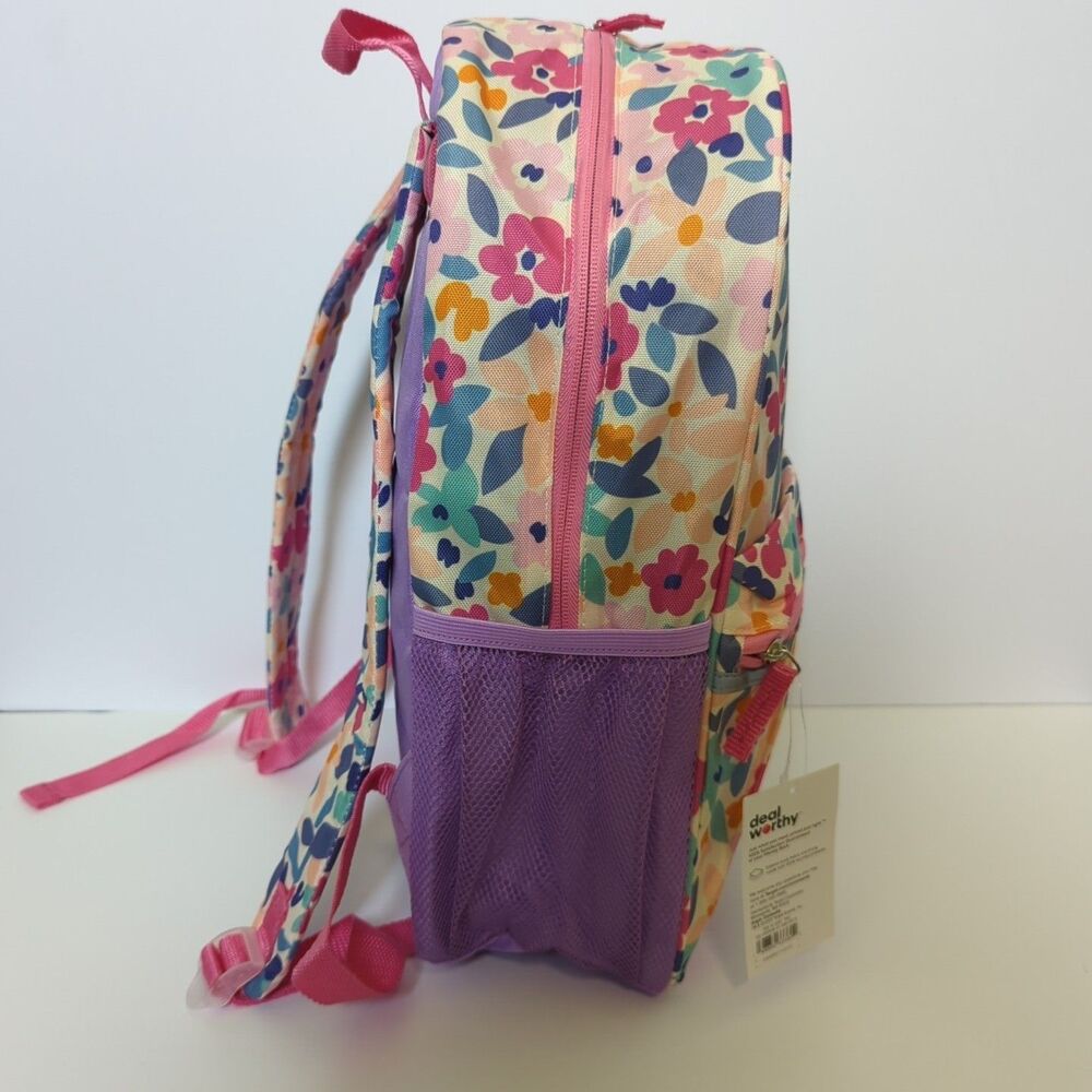 Purple Floral Backpack w Laptop Pocket Reflective Strips - Picture 4 of 7